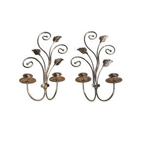 Vintage Set Of 2 Beautiful‎ Gold Sconces Candle Holders With Leaves Wall Hanging
